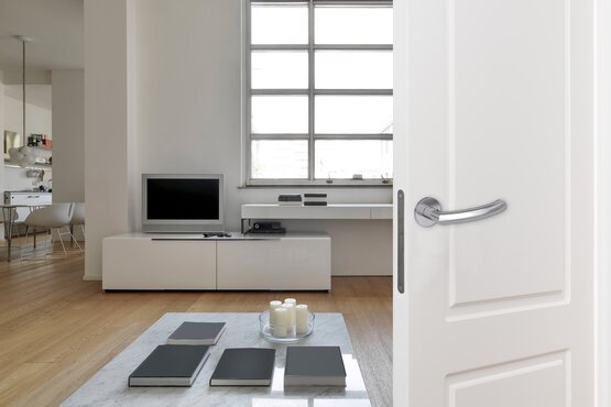 Moderner Türdrücker mit glänzender Oberfläche (Komfort-Jupiter) an einer stilvollen Holztür. Der elegante Griff mit sanften Rundungen betont das hochwertige Design und den zeitlosen Look der Tür.