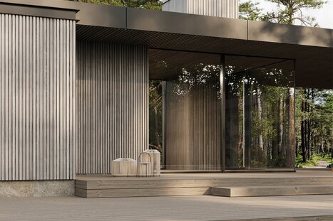 Moderne Holzfassade mit Lunawood Arctic Triple in Grau bei Tageslicht | © Lunawood