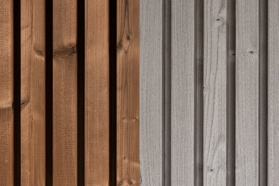 Vergleich zweier Fassaden mit Lunawood Triple: links in Braun, rechts in Grau, bei natürlichem Tageslicht. | © Lunawood