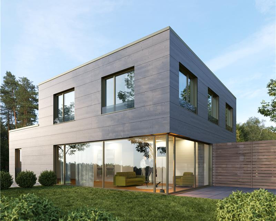 Zeitgenössisches Wohnhaus mit vertikaler Holzfassade aus NOVATOP Elementen vor bewölktem Himmel