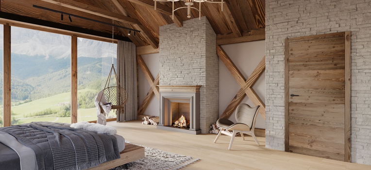 Rustikale Innentür im Modell „Dent Blanche“ aus charaktervollem Altholz mit lebendiger Maserung, natürlicher Patina und vertikalem Paneel-Design – ideal für moderne Wohnräume mit alpinem Charme.