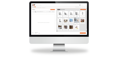 Ein Computerbildschirm zeigt eine Webanwendung mit dem Möbelteile-Shop mit allen möglichen Einstellungen auf einem weißen Hintergrund