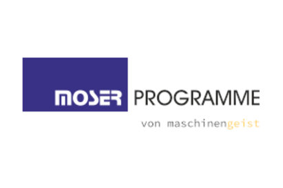 Grafisches Logo des Unternehmens Moser Programme auf weißem Hintergrund. 