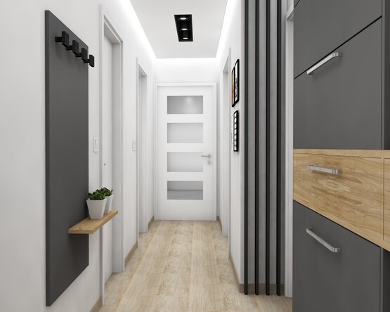 Ein stilvoll eingerichteter Innenraum mit einer modernen, glatten Holztür. Die Tür hat eine gleichmäßige Oberfläche ohne sichtbare Maserung und ist in eine weiße Wand eingebaut. Im Vordergrund steht ein kleiner Beistelltisch mit Dekoration. Die Szene wirkt modern, ruhig und hochwertig.