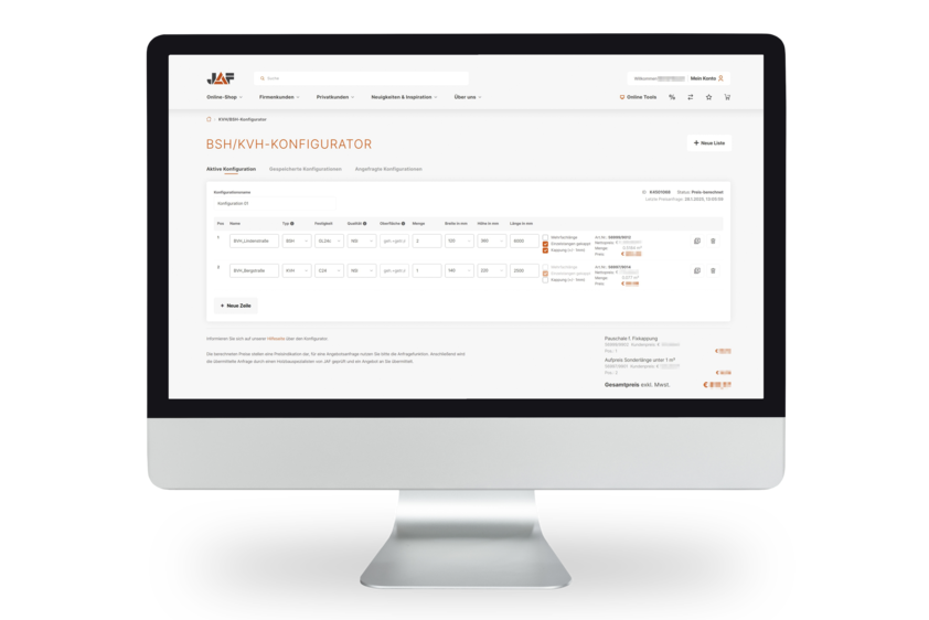Computerbildschirm mit Webanwendung des BSH/KVH-Konfigurator Computer mit geöffnetem JAF BSH/KVH-Konfigurator auf transparentem Hintergrund.