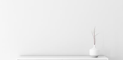 Das Bild zeigt eine weiße Kommode mit vier Schubladen. Auf der Kommode steht eine weiße Vase mit dünnen Zweigen. Der Hintergrund ist schlicht weiß und unterstreicht das minimalistische Design.