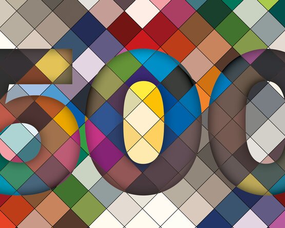 Ein stilisiertes grafisches Muster mit verschiedenen Farbflächen und Texturen, in dessen Mitte groß und deutlich die Zahl „500“ steht. Das Design wirkt modern und abstrakt und dient als visuelle Darstellung oder Teaser-Element.