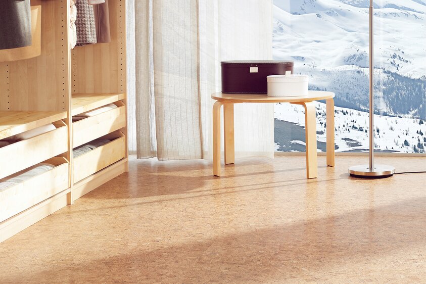 Heller Raum mit Holzregal und Bergblick Helles Schlafzimmer mit Korkboden, einem offenen Kleiderschrank und Blick auf eine verschneite Landschaft