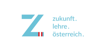 Hellblaues Logo mit stilisiertem „Z“ und zwei rot-weißen Streifen unten rechts, daneben der Schriftzug „zukunft. lehre. österreich.“ in Kleinbuchstaben.