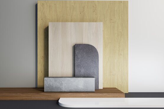 Materialmuster auf Holzfläche | © Test Geometrisch angeordnete Holz- und Steinmuster auf Holzuntergrund, minimalistisch inszeniert | © Test