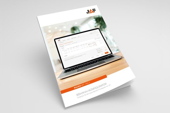 Werbebroschüre von JAF Werbebroschüre für den JAF BSH/KVH-Konfigurator mit Laptop und geöffneter Online-Planungssoftware auf dem Cover.