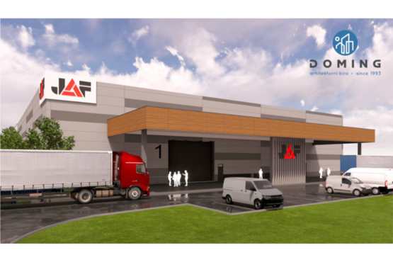 Visualisierung des neuen JAF Logistikstandorts in Hoče bei Maribor mit moderner Ladezone, effizienter Infrastruktur und optimierten Abläufen.
