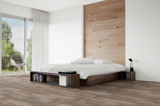 Eurowood Vinylboden Eiche Stoneage, gebürstet, Matt-lackiert; Stoneage; Vinylboden; Eiche; Fix-System; Fixystem für leimfreie Verlegung; Fertigboden; ca. 0,3 mm; quellreduzierte Holzfaserplatte; natürliche Kork-Trittschalldämmung; lackiert; Vinyl Matt; braun; mittel; NK 31; Stone; 1-Stab; geschlossen; gebürstet; PE-Folie als Unterlage notwendig; Tilo V1219