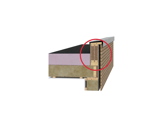 3D-Darstellung der EGGER EcoBox als Attika-Lösung im Flachdachbau mit markiertem Anschlussdetail der Holzkonstruktion.