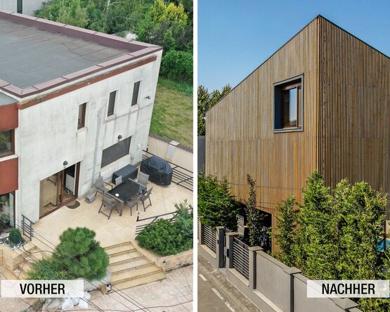 Vorher-Nachher-Vergleich einer Gebäudesanierung mit Lunawood ThermoWood® Fassadenprofilen | © WDE sign