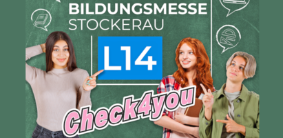 Plakat zur Bildungsmesse Stockerau am 9.10.2026 im Veranstaltungszentrum Z2000 mit drei Jugendlichen und dem Schriftzug Check4you