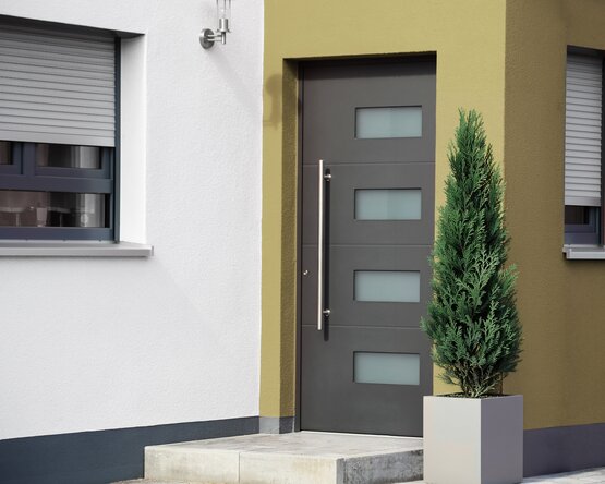 Moderne Hauseingangstür mit schmalen Glaseinsätzen in einem klar gestalteten Eingangsbereich.