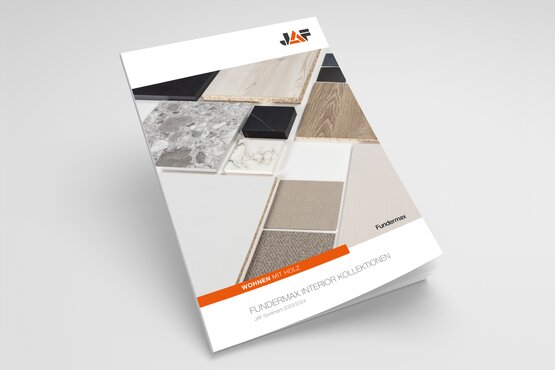 Folder zum JAF-Lagersortiment mit Fundermax-Dekoren und Informationen zu kurzfristig verfügbaren Oberflächen